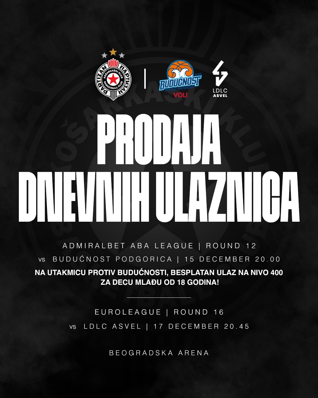 Prodaja dnevnih ulaznica za mečeve protiv Budućnosti i ASVEL-a počinje danas u 14.00