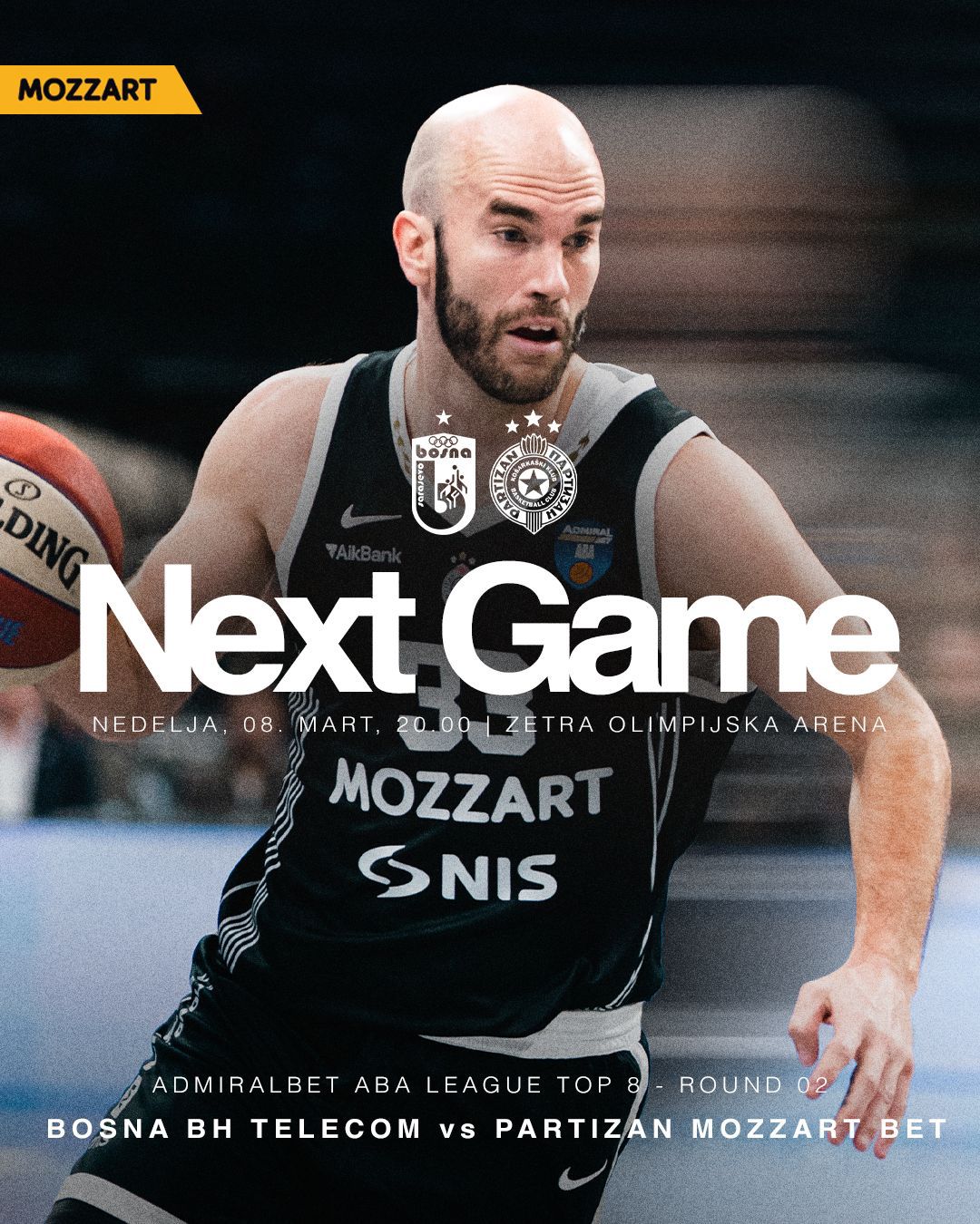 Partizan Mozzart Bet sutra protiv Bosne u Sarajevu