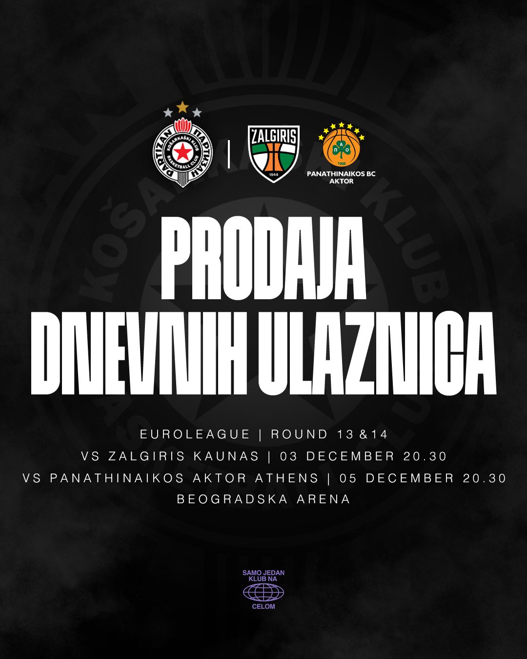 Prodaja dnevnih ulaznica za mečeve protiv Žalgirisa i Panatinaikosa počinje u sredu, 27. novembra